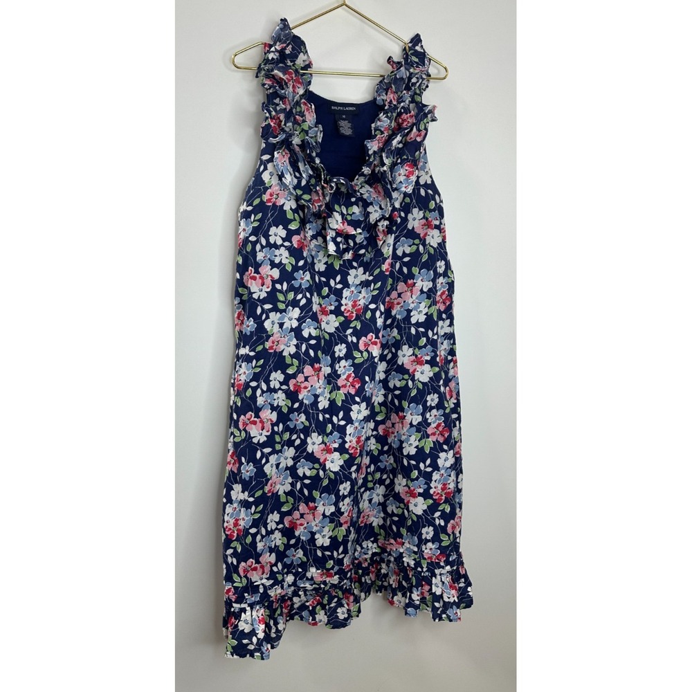 Ralph Lauren Girls Navy Blue Pink Floral Ruffle Cotton Sundress Size 16 Kids - Picture 5 of 11